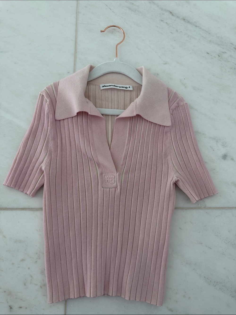 Alexander Wang Pale Pink Ribbed Polo Crop Top